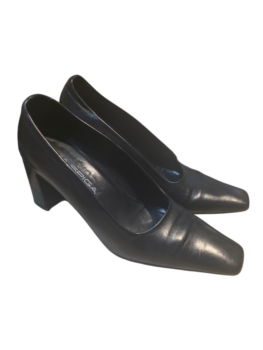 ​Vintage Via Spiga Black Leather Archival Square Toe Block Heel Pumps 8M Italy